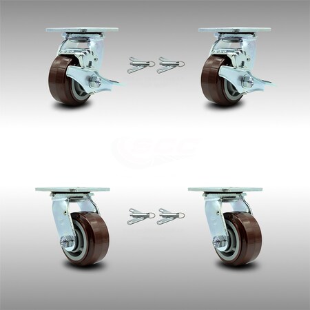 Service Caster 4 Inch SS Polyurethane Caster Set with Ball Bearings 4 Swivel Lock 2 Brake SCC SCC-SS30S420-PPUB-TLB-BSL-2-BSL-2